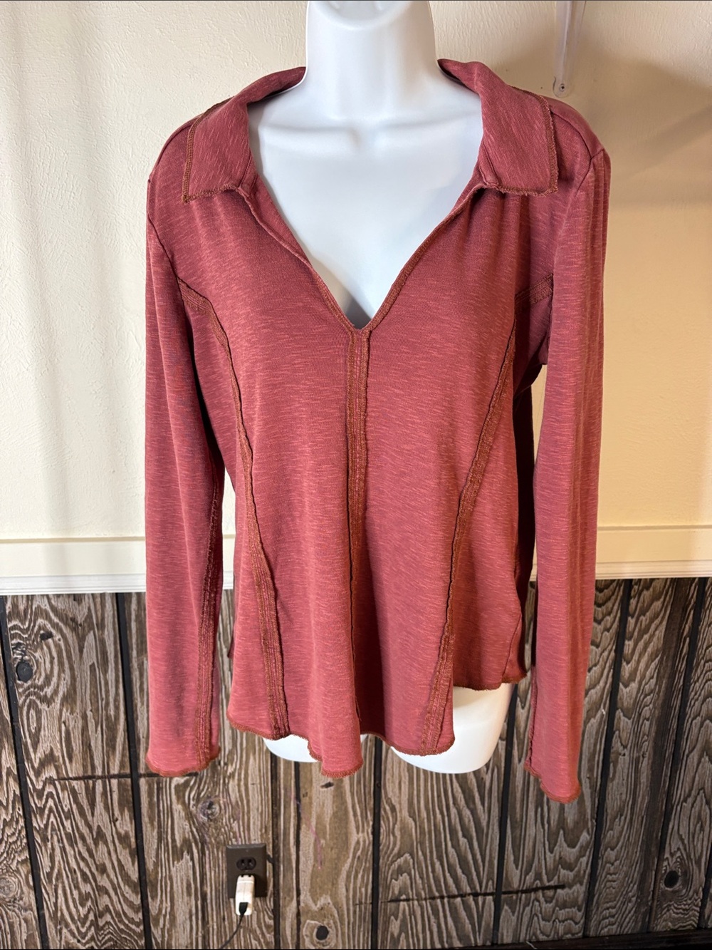 Pilcro Rust-Red Long Sleeve V-Neck Top with Exposed Seams